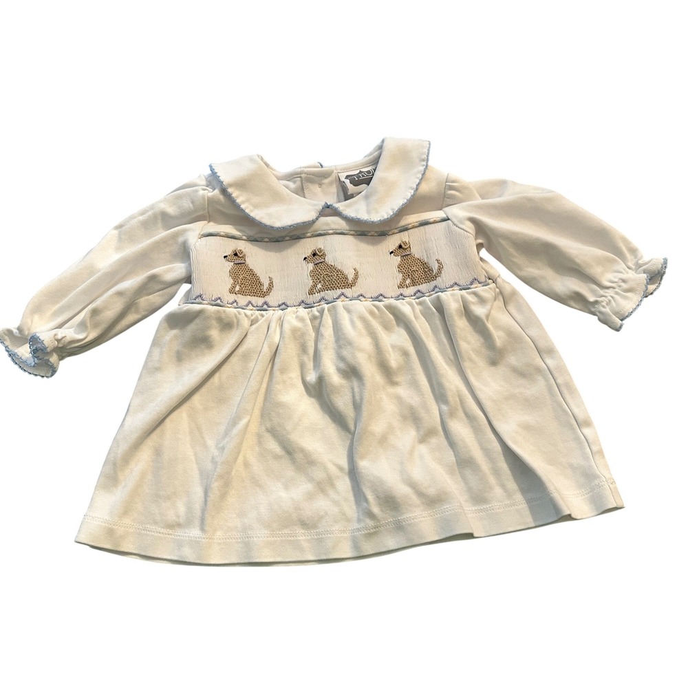 True White Cotton Smocked Puppy Dog Peter Pan Collar Top 12M Long Sleeve
